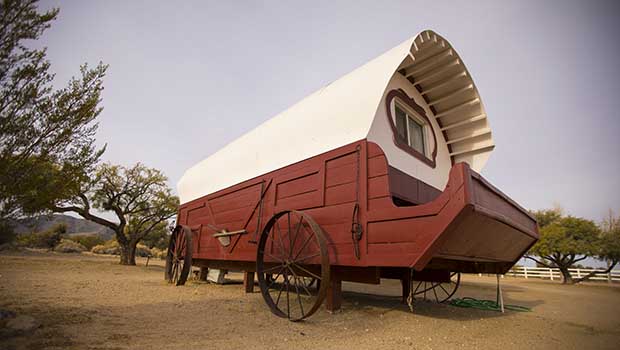 A glamping option at Nevada's Sandy Valley Ranch is a specially built covered wagon.