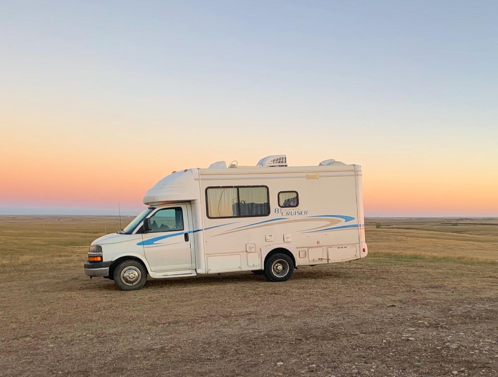Lisa's bus at Discover BLM Camping in South Dakota, at Buffalo Gap National Grasslands