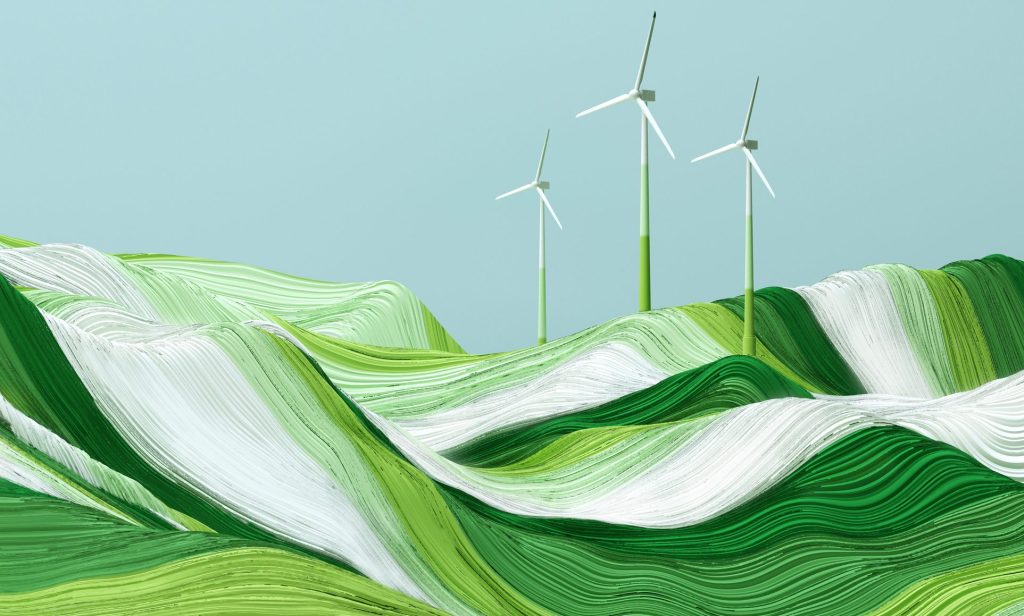 Digital generated image of  white and green stripe patterned landscape with wind turbines on it.