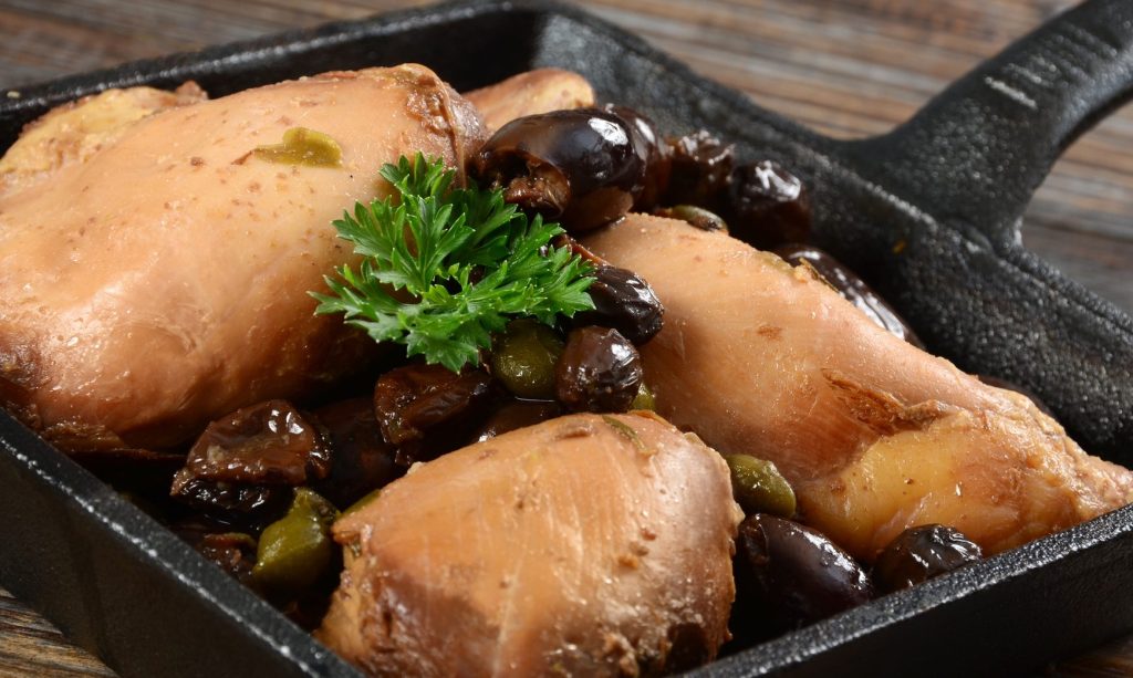Chicken Marbella with olives, prunes and capers.