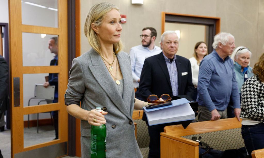 Gwyneth Paltrow enters the courtroom after a lunch break on Thursday, March 23, 2023, in Park City, Utah. Paltrow has appeared in court in the Utah ski town this week, where she is accused of injuring another skier, leaving him with a concussion and four broken ribs. (AP Photo/Jeff Swinger, Pool)