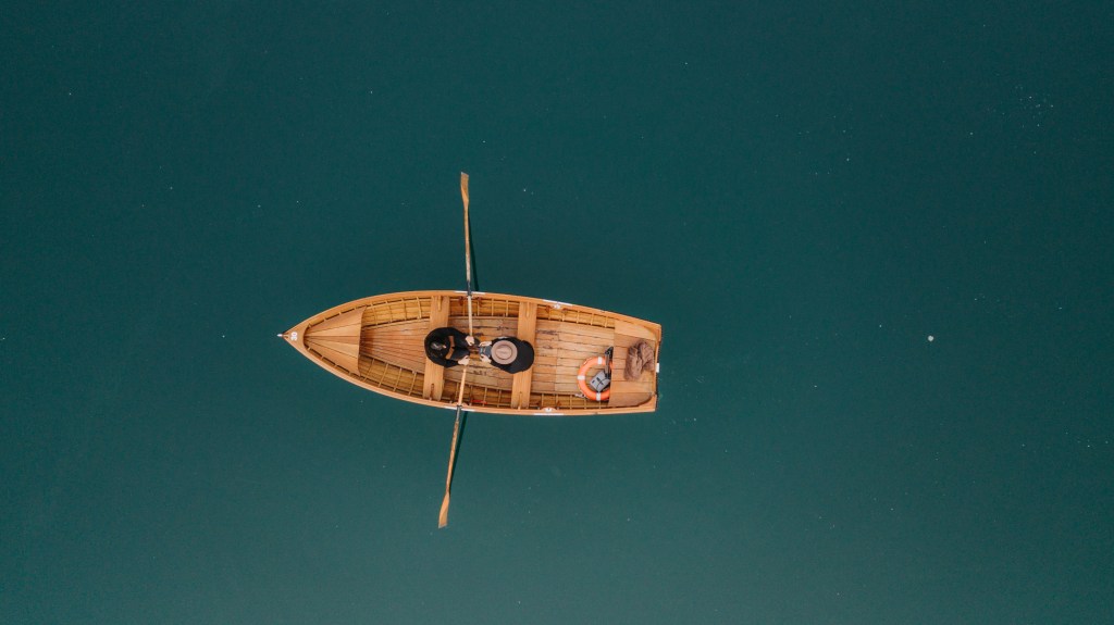 above view of a couple rowing a boat on a lake
