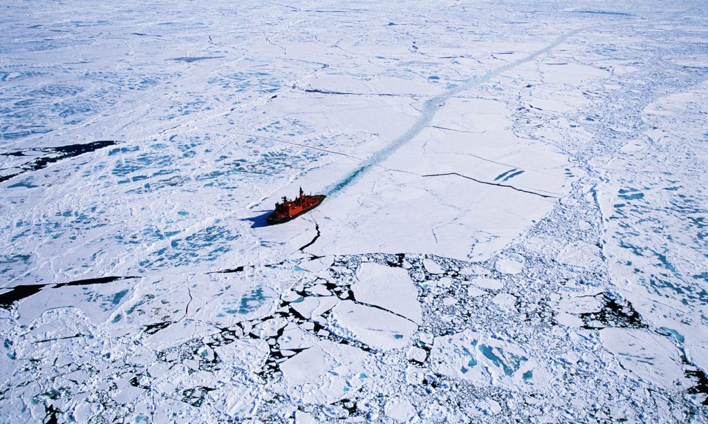 Russian nuclear icebreaker clearing path to North Pole, aerial view