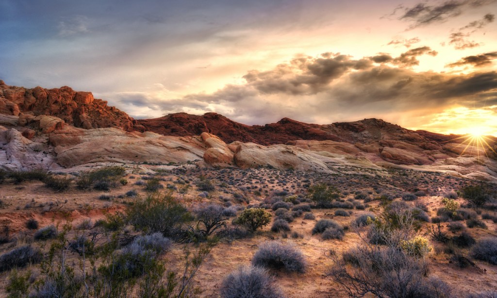 A sunset with a dramatic sky at Valley of Fire State Park, Nevada, USA