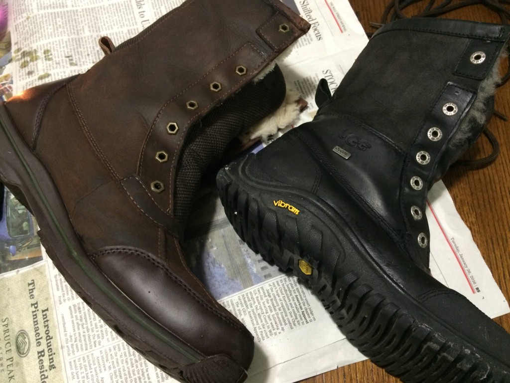 Comparing the finished black and brown boots. The wax makes them a little shiny, but it's still supple and doesn't cake up with wear. 