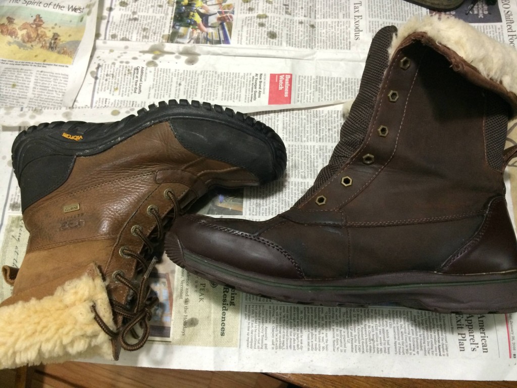 Here's a comparison of the newly waxed boot to one I waxed a month ago or so. Interestingly, they started out as the same color, but for some reason, the color didn't change at all with the women's boot during waxing, but turned into a chocolate brown for the men's boot. Maybe they had been treated with something different during manufacture? Either way, I'm pretty happy with how they both look IRL, and our feet don't get wet anymore!