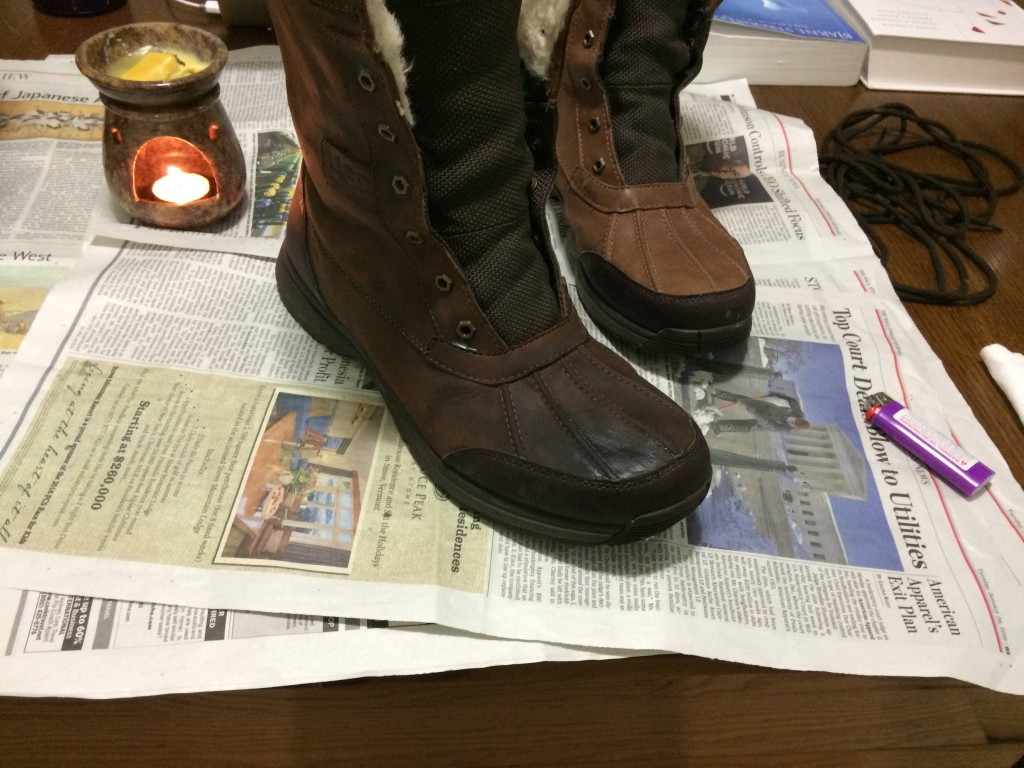 Here's one finished boot next to the other. Sometimes lighter color boots can change color as the absorb the wax, and this one turned from a light brown to a chocolate brown. I was willing to take the risk though, and I kind of like the new color better.