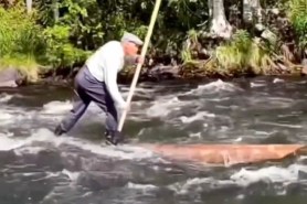 old man rides log down river